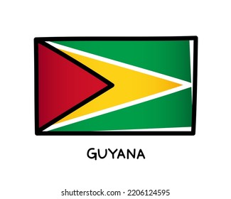Flag of Guyana. Colorful Guyanese flag logo. Green, white, black, red and yellow hand-drawn brush strokes. Black outline. Vector illustration isolated on white background. svg