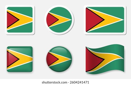 Flag of Guyana icons collection. Flat stickers and 3d glass vector elements on white background.