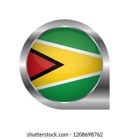 Flag of Guyana, location map pin, pointer flag, button with the reflection of light and shadow, silver frame, Icon country. Realistic vector illustration on white background.