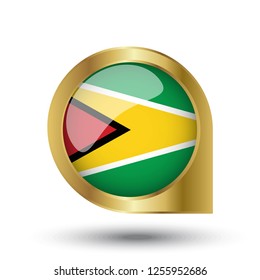 Flag of Guyana, location map pin, pointer flag, button with the reflection of light and shadow, gold frame, Icon country. Realistic vector illustration on white background.