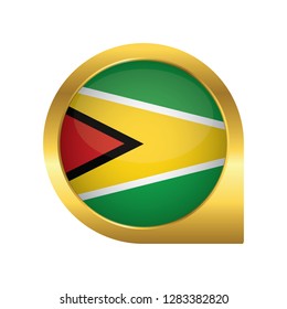 Flag of Guyana, location map pin, pointer flag, button with the reflection of light and shadow, gold frame, Icon country. Realistic vector illustration on white background.