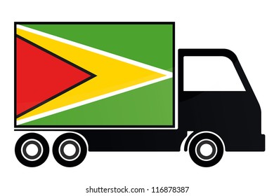 The flag of Guyana painted on the side of the silhouette of a truck
