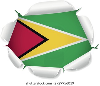 Flag of Guyana. Flag Revealed Through Torn Paper Hole with Realistic Curled Edges over a transparent background. The ripped edges curl outward with realistic shadows and depth, creating a striking reveal effect