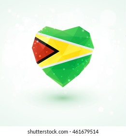 Flag of Guyana in shape of diamond glass heart in triangulation style for info graphics, greeting card, celebration of Independence Day, printed materials 