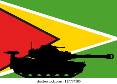 The flag of Guyana with the silhouette of a tank