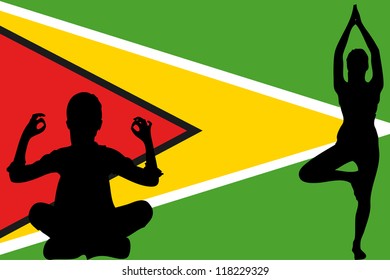 The flag of Guyana with yoga silhouettes