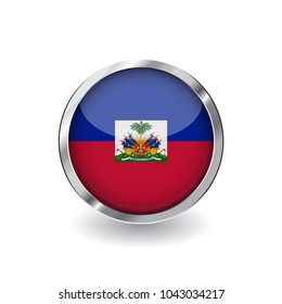 Flag of haiti, button with metal frame and shadow. haiti flag vector icon, badge with glossy effect and metallic border. Realistic vector illustration on white background.