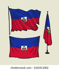 Flag of Haiti on the wind and on the wall illustration set