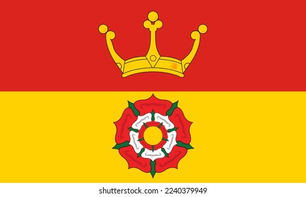 Flag of Hampshire or Hants Ceremonial county (England, United Kingdom of Great Britain and Northern Ireland, uk) gold royal crown on a red field, over a Yorkshire red rose on a gold field 