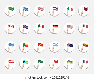 Flag in hand circle icons set on white background. Human hands holding flags of different countries. Isolated vector illustration.