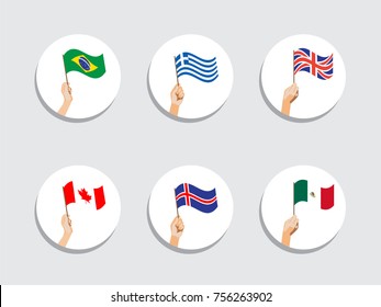 Flag in hand circle icons set on white background. Human hands holding flags of different countries. Isolated vector illustration.