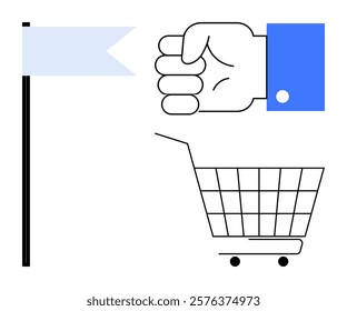 A flag a hand in a fist and a shopping cart all in clean vector style. Ideal for commerce retail marketing shopping and user experience themes