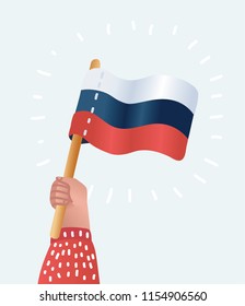 Flag in hand, round icons on white background. Human hands holding Russian flag. Isolated vector illustration.