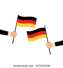 Flag in hand, round icons on white background. Human hands holding German flag. Isolated vector illustration.