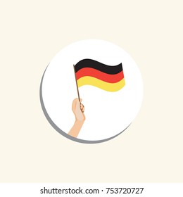 Flag in hand, round icons on white background. Human hands holding German flag. Isolated vector illustration.
