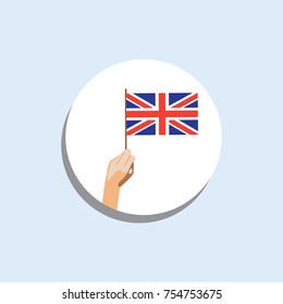 Flag in hand, round icons on white background. Human hands holding British  flag. Isolated vector illustration.