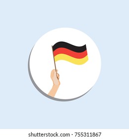 Flag in hand, round icons on white background. Human hands holding German flag. Isolated vector illustration.