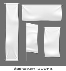 Flag And Hanging Banners. White Advertising Blank Textile Banner Fabric Horizontal Cloth Sign, Textile Ribbons Vector Template Set