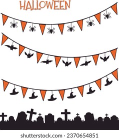 flag or hanging pennant of halloween tradition with diverse cemetery background, happy Halloween, terror, dark, fear, suspense, haunted night and a lot of horror