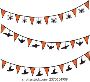 flag or hanging pennant of halloween tradition, diverse, happy Halloween, terror, dark, fear, suspense, haunted night and a lot of horror