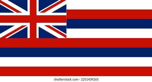 Bandera del estado de Hawaii (Estados Unidos de América, EE.UU. o Estados Unidos, Norteamérica) Moku‘aina o Hawai‘i, ocho bandas horizontales alternantes de blanco, rojo y azul, con la bandera de la Unión del Reino Unido 