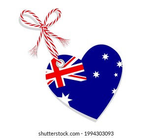 Flag as a heart "I Love Australia" with a cord string,
Vector illustration isolated on white background
