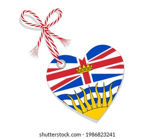 Flag as a heart "I Love British Columbia" with a cord string,
Vector illustration isolated on white background
