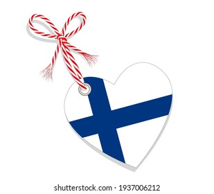 Bandera como corazón "Amo Finlandia" con una cuerda de cordón,
Ilustración del vector aislada en fondo blanco
