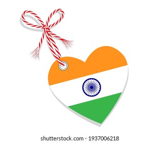 Flag as a heart "I Love India" with a cord string,
Vector illustration isolated on white background
