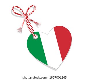 Flag as a heart "I Love Italy" with a cord string,
Vector illustration isolated on white background
