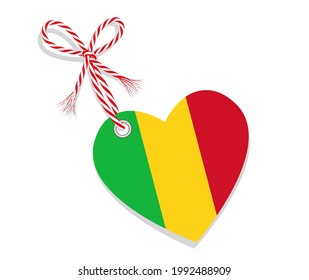 Flag as a heart "I Love Mali" with a cord string,
Vector illustration isolated on white background
