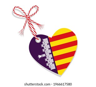 Flag as a heart "I Love Mallorca" with a cord string,
Vector illustration isolated on white background
