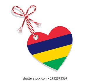 Flagge als Herz "I Love Mauritius" mit einer Kordschnüre,
Vektorgrafik einzeln auf weißem Hintergrund
