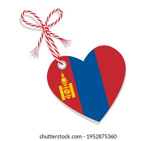 Bandera como corazón "Amo a Mongolia" con una cuerda de cordón,
Ilustración del vector aislada en fondo blanco
