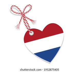 Bandera como corazón "I Love Netherlands" con una cuerda de cordón,
Ilustración del vector aislada en fondo blanco
