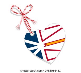 Flag as a heart "I Love Newfoundland and Labrador" with a cord string,
Vector illustration isolated on white background
