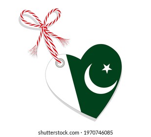 Flag as a heart "I Love Pakistan" with a cord string,
Vector illustration isolated on white background
