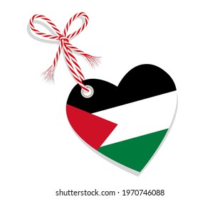 Flag as a heart "I Love Palestine" with a cord string,
Vector illustration isolated on white background
