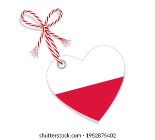 Flag as a heart "I Love Poland" with a cord string,
Vector illustration isolated on white background
