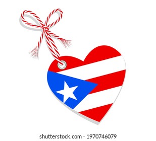 Flag as a heart "I Love Puerto Rico" with a cord string,
Vector illustration isolated on white background
