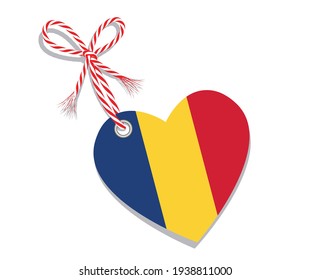 Flag as a heart "I Love Romania" with a cord string,
Vector illustration isolated on white background
