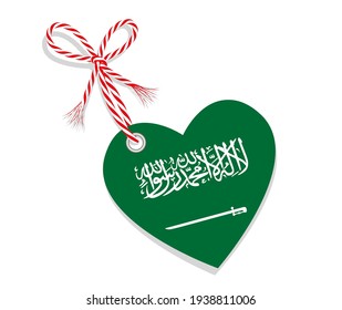 Flag as a heart "I Love Saudi Arabia" with a cord string,
Vector illustration isolated on white background
