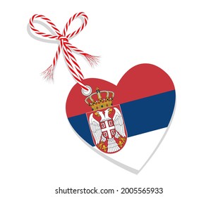 Flag as a heart "I Love Serbia" with a cord string,
Vector illustration isolated on white background
