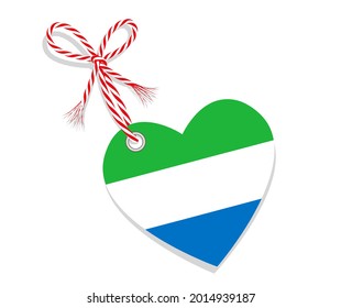 Flag as a heart "I Love Sierra Leone" with a cord string,
Vector illustration isolated on white background

