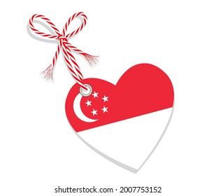 Bandera como corazón "Amo Singapur" con una cuerda de cuerda,
Ilustración del vector aislada en fondo blanco