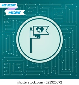 Flag, heart icon on a green background, with arrows in different directions. It appears on the electronic board. Vector illustration