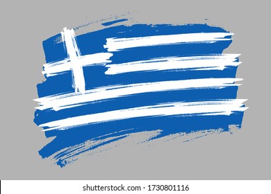 Bandera de la República Helénica o Hellas.  Concepto de pincel de pancartas de Grecia. Ilustración horizontal vectorial aislada en fondo gris.