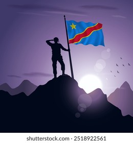  Flag hoisted on a mountain peak with a purplish sunset in the background, vector illustration