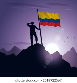  Bandeira hasteada em um pico de montanha com um pôr do sol roxo no fundo, ilustração vetorial