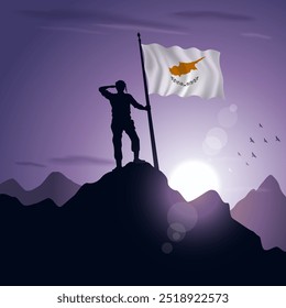  Flag hoisted on a mountain peak with a purplish sunset in the background, vector illustration